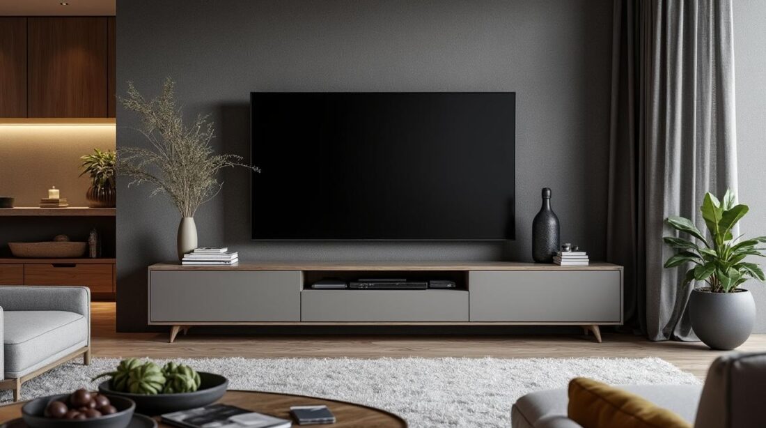 découvrez le meuble tv kikua de 130 cm en gris cendré, une pièce polyvalente qui s'intègre harmonieusement dans tous les styles de décoration. alliant esthétisme et fonctionnalité, il embellira votre espace tout en offrant un rangement optimal.
