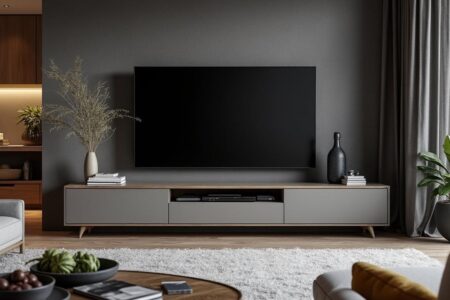 découvrez le meuble tv kikua de 130 cm en gris cendré, une pièce polyvalente qui s'intègre harmonieusement dans tous les styles de décoration. alliant esthétisme et fonctionnalité, il embellira votre espace tout en offrant un rangement optimal.
