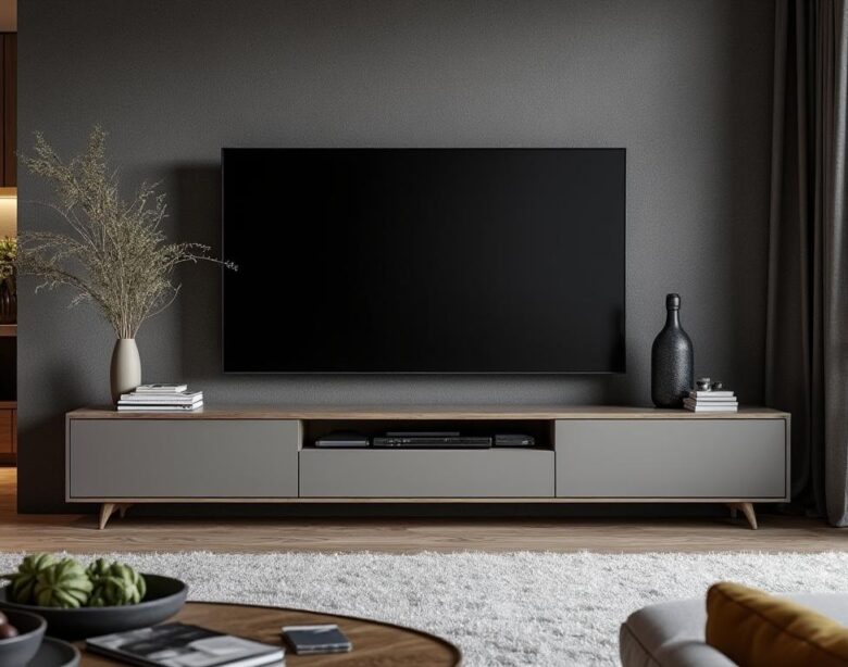 découvrez le meuble tv kikua de 130 cm en gris cendré, une pièce polyvalente qui s'intègre harmonieusement dans tous les styles de décoration. alliant esthétisme et fonctionnalité, il embellira votre espace tout en offrant un rangement optimal.
