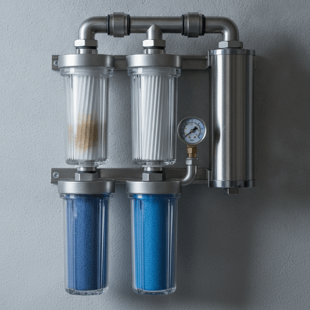 Système de filtration multi-étapes pour traitement d'eau de cuve avec cartouches filtrantes et lampe UV