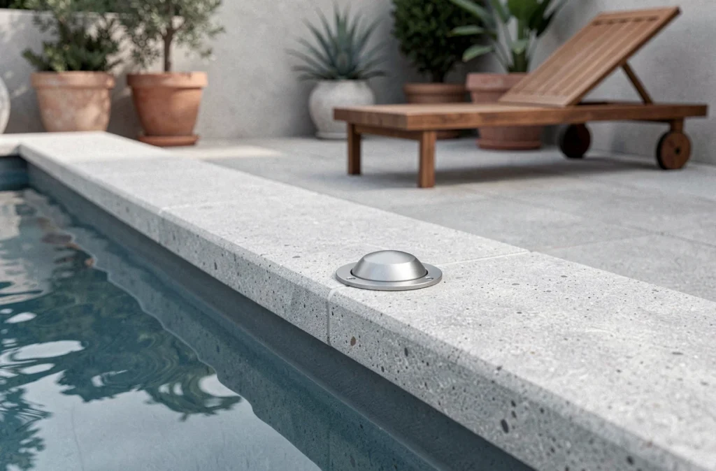 Détail d'une alarme de piscine discrète en acier inoxydable intégrée au bord du bassin