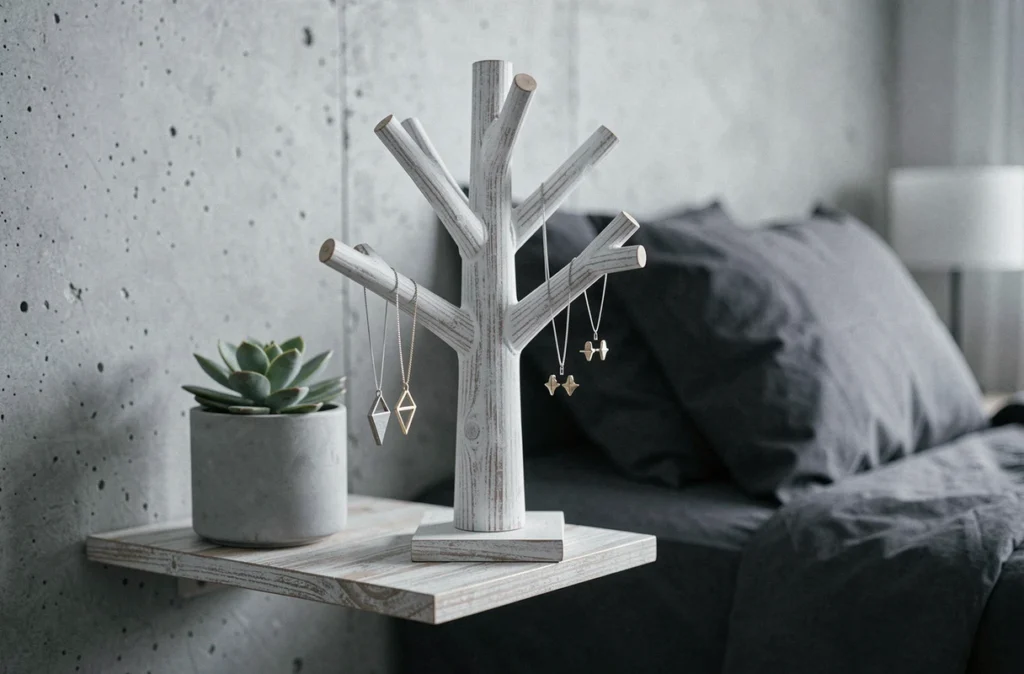 Arbre à bijoux bois blanchi minimaliste sur une étagère de chevet dans une chambre moderne avec pendentifs géométriques et plante succulente