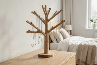 Arbre à bijoux en bois artisanal posé sur une commode en chêne dans une chambre de style scandinave avec colliers et bracelets dorés