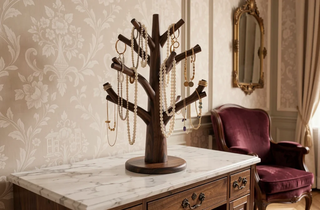 Grand arbre à bijoux en noyer foncé sur une coiffeuse en marbre dans une chambre élégante avec colliers de perles et boucles d'oreilles