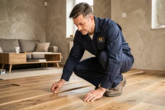 Artisan menuisier professionnel inspectant un parquet en bois dans un appartement en rénovation