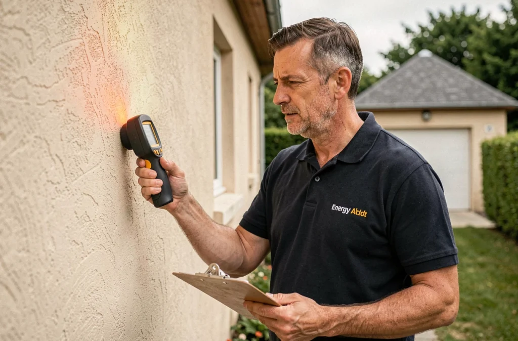 Auditeur énergétique inspectant l'isolation extérieure d'une maison individuelle pour un diagnostic HabitatFuturVert