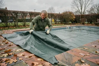Femme posant une bâche hivernale écologique sur une piscine entourée de feuilles d'automne dans un jardin de banlieue