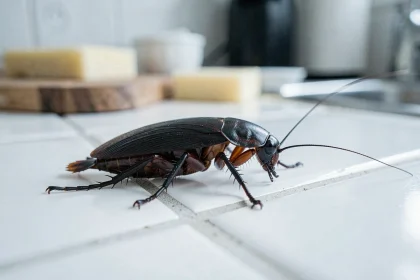 Gros plan réaliste d'un cafard noir sur carrelage blanc de cuisine, avec détails de l'exosquelette et antennes visibles