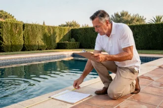 Homme mesurant les dimensions d'une piscine rectangulaire pour calculer son volume d'eau