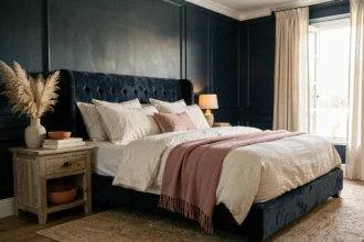 Chambre à coucher bleue nuit avec tête de lit en velours marine, coussins ivoire et plaid vieux rose sur un lit king size décoré avec soin