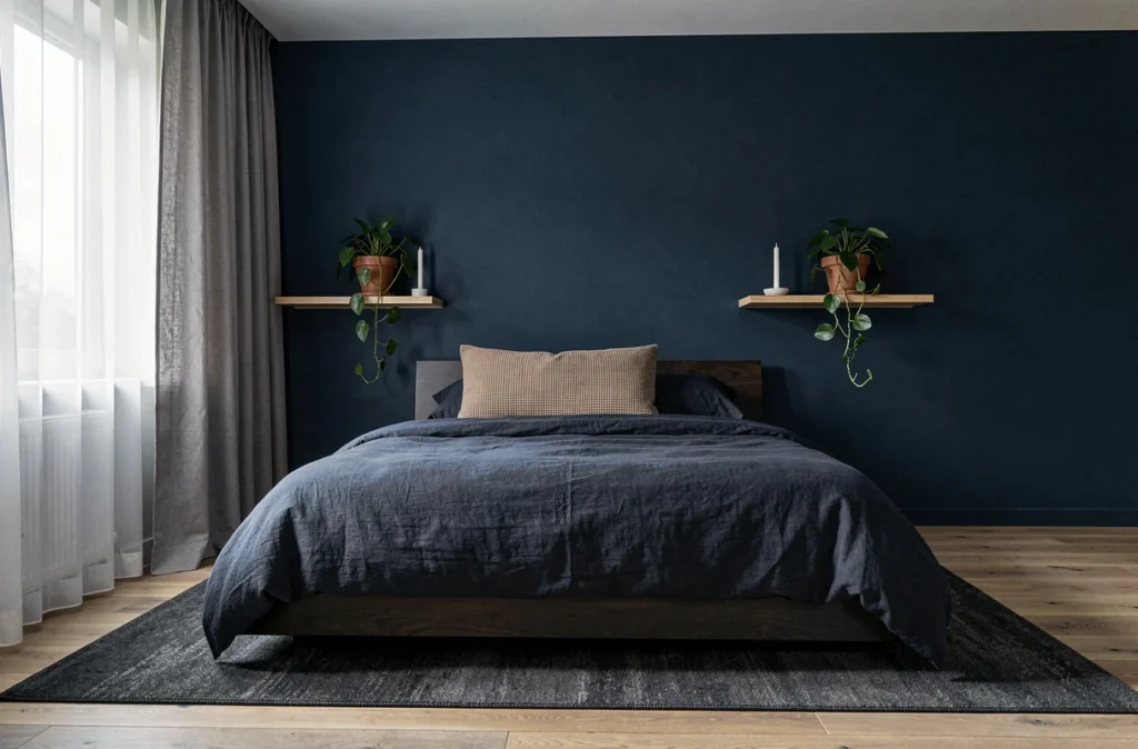 Chambre minimaliste bleue nuit avec lit plateforme en lin ardoise, mur accent marine mat, parquet chêne clair et plantes en pot en terracotta