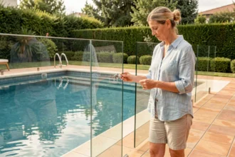 Femme inspectant une clôture de sécurité piscine en verre trempé dans un jardin aménagé