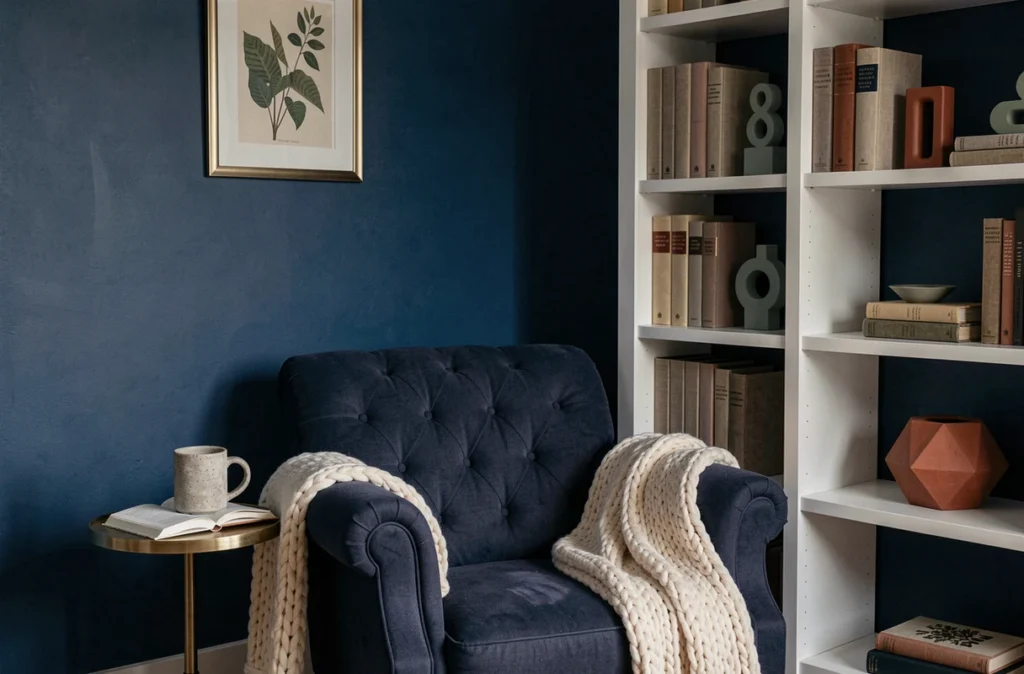 Coin lecture dans une chambre bleu nuit avec fauteuil indigo, étagère blanche, accessoires laiton et accents terracotta et vert sauge