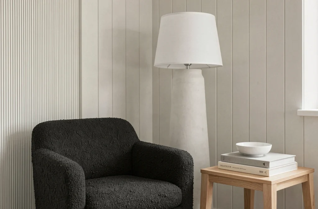Coin salon épuré avec fauteuil boucle gris anthracite, lampadaire blanc et accessoires décoratifs minimalistes