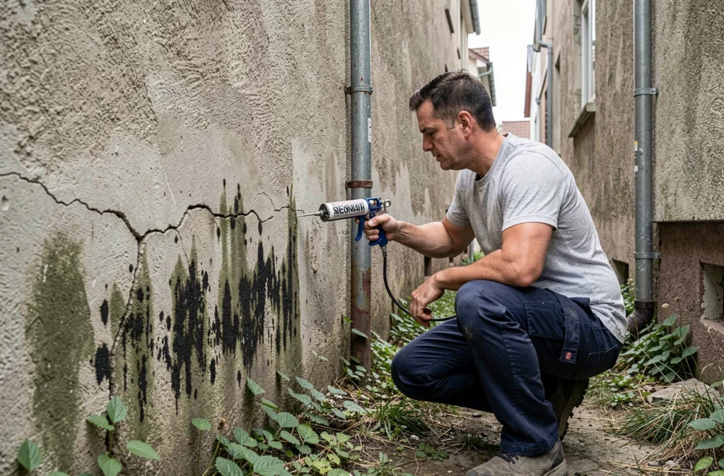 Homme colmatant les fissures d'un mur extérieur humide pour prévenir le retour de moisissures après nettoyage