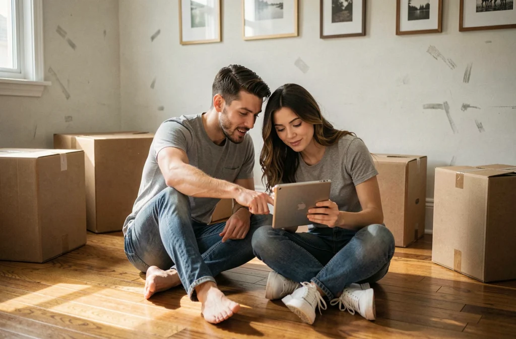 Couple assis par terre entouré de cartons comparant des offres d'abonnement internet sur une tablette pendant un déménagement