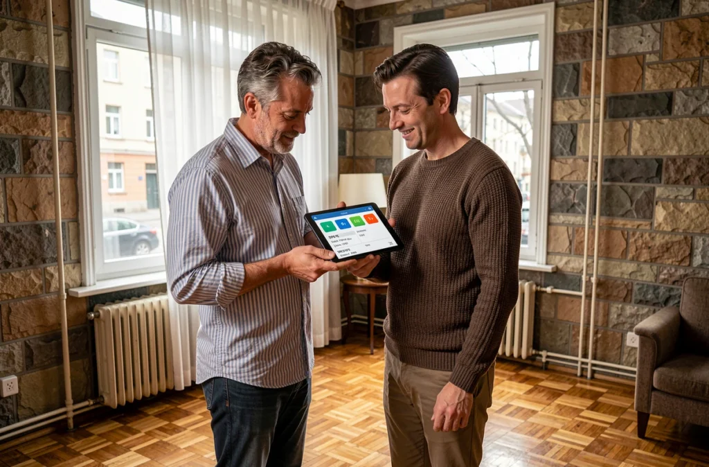 Couple consultant un diagnostic énergétique DPE sur tablette dans un appartement avant mise en vente