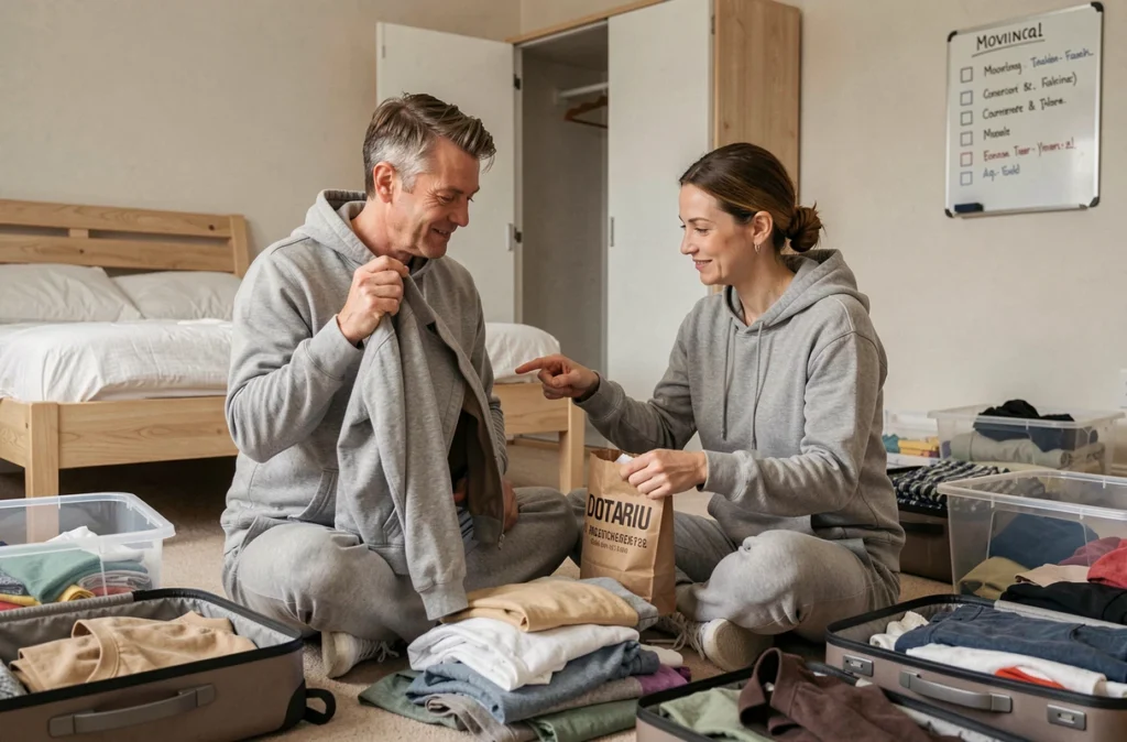 Couple triant des vêtements ensemble dans une chambre vidée lors des préparatifs d'un déménagement