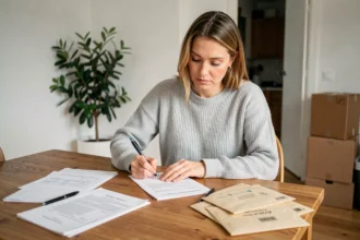 Femme remplissant un formulaire de changement d'adresse entourée de documents administratifs dans un appartement en cours de déménagement