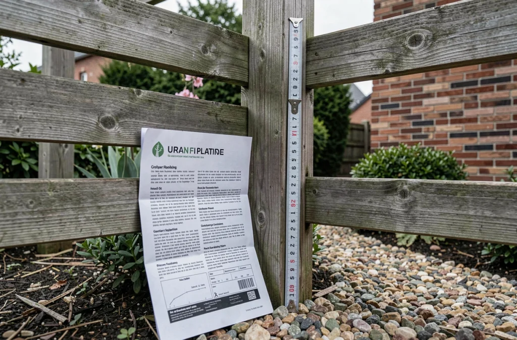 Détail d'une clôture en bois en limite de propriété avec un document PLU et un mètre ruban illustrant une non-conformité réglementaire