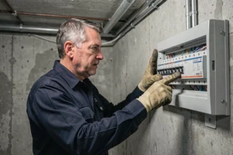 Électricien professionnel examinant un tableau électrique résidentiel avec disjoncteurs de type A et AC