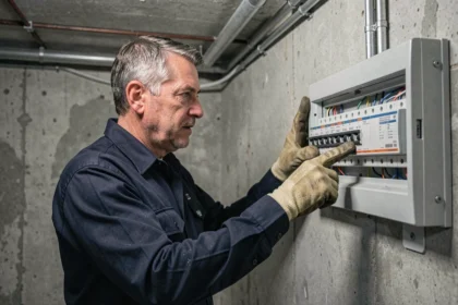 Électricien professionnel examinant un tableau électrique résidentiel avec disjoncteurs de type A et AC