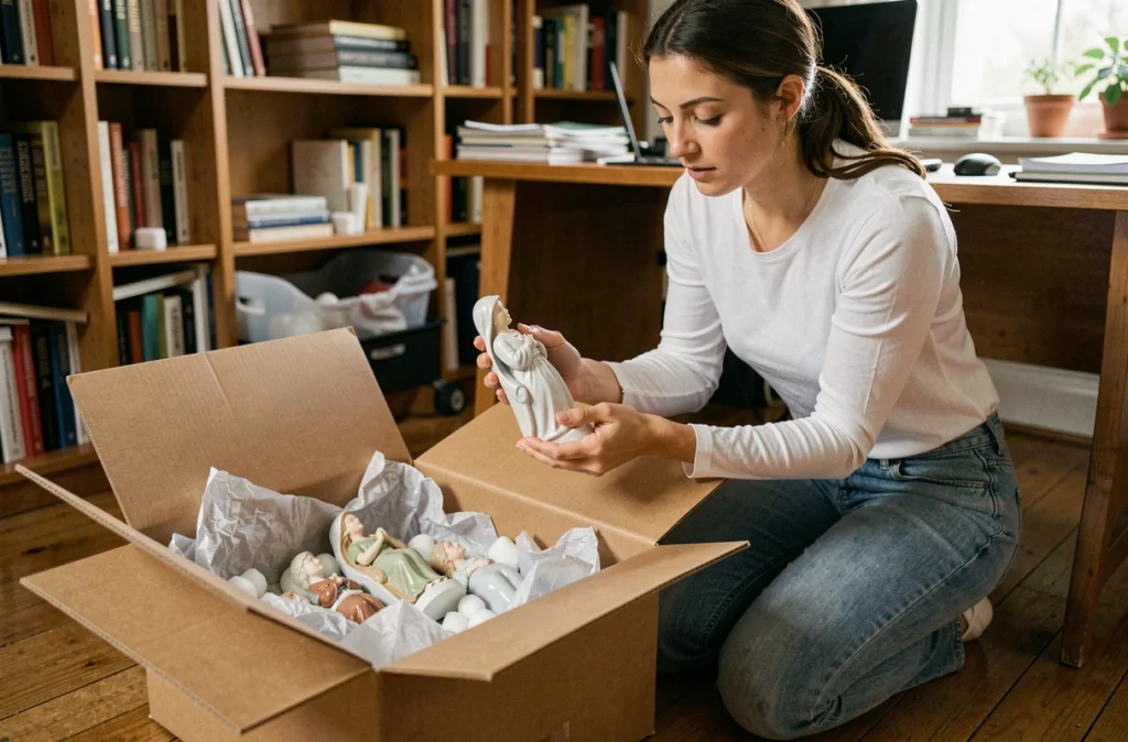 Femme emballant soigneusement des figurines en porcelaine dans du papier de protection et des billes de mousse avant un déménagement