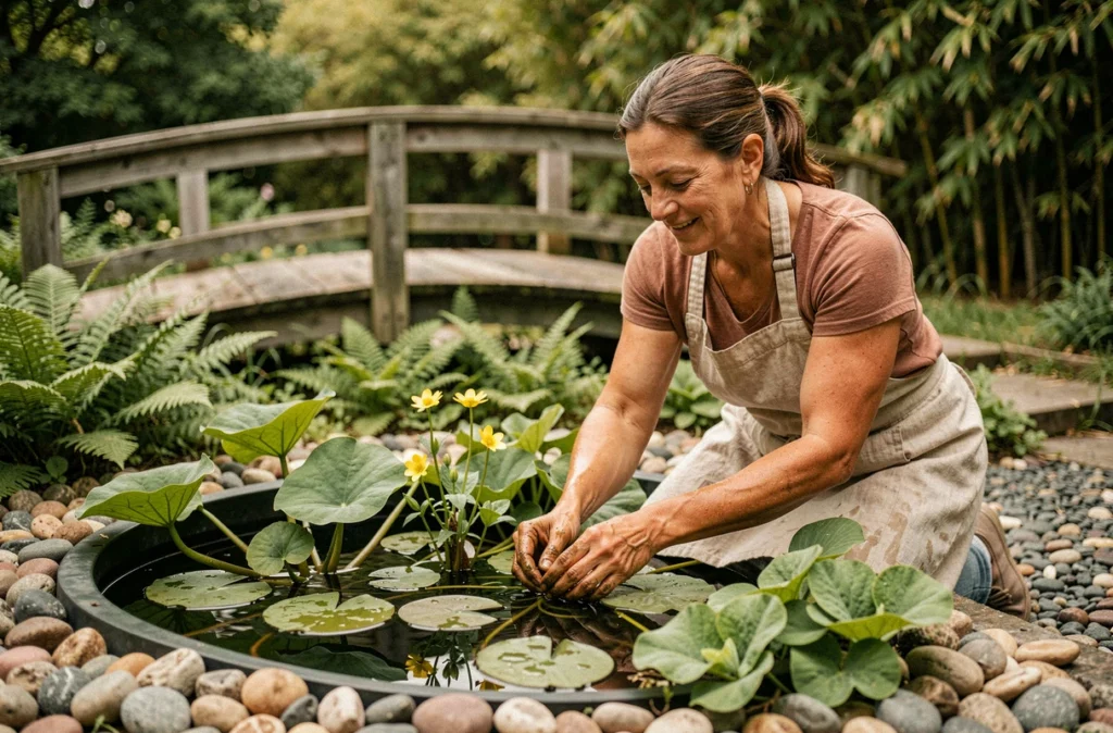 Femme aménageant des plantes aquatiques lotus et populage autour d'un bassin naturel avec galets