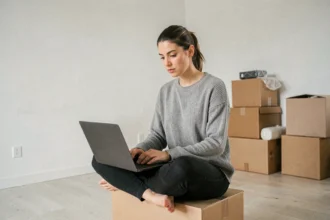 Femme assise sur un carton de déménagement consultant son abonnement internet sur un ordinateur portable dans un appartement vide