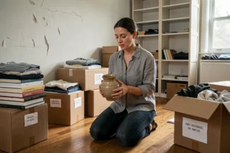 Femme triant ses objets dans des cartons ouverts avant un déménagement dans un appartement en cours de vidage