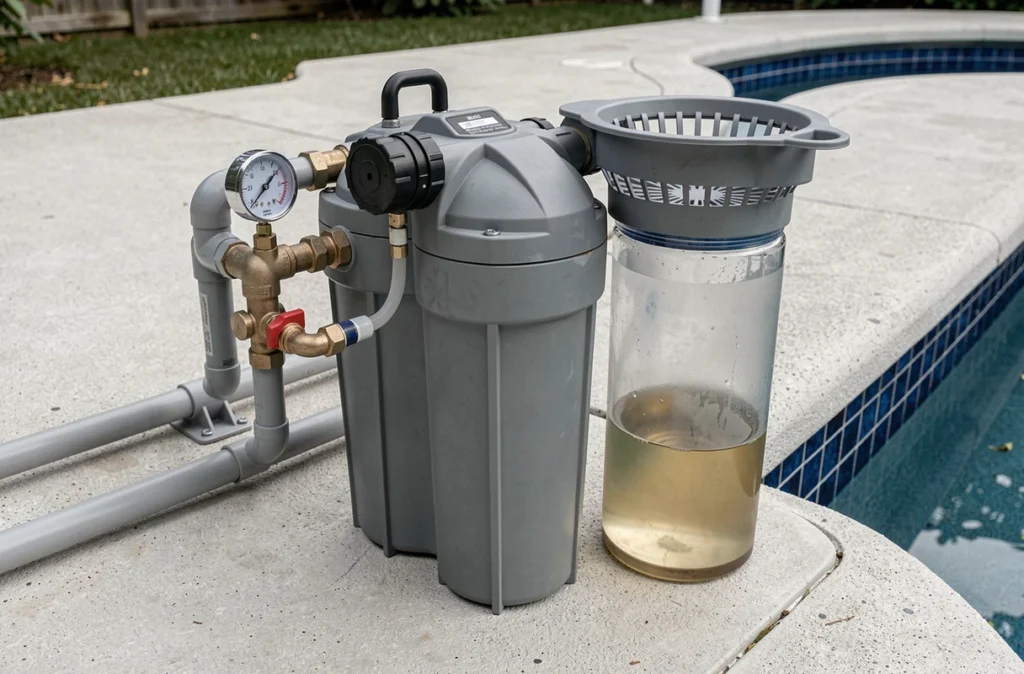 Système de filtration et pompe de piscine lors du démarrage initial avec une eau trouble