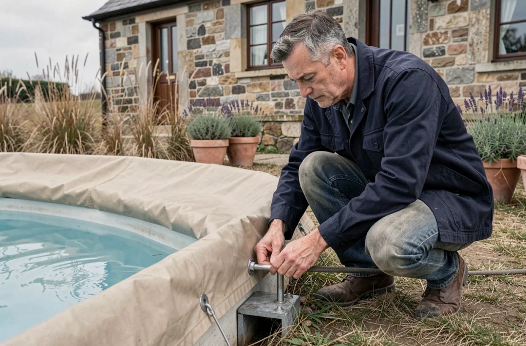 Homme fixant une bâche hivernale sur une piscine enterrée avec des sacs lesteurs dans un jardin de ferme