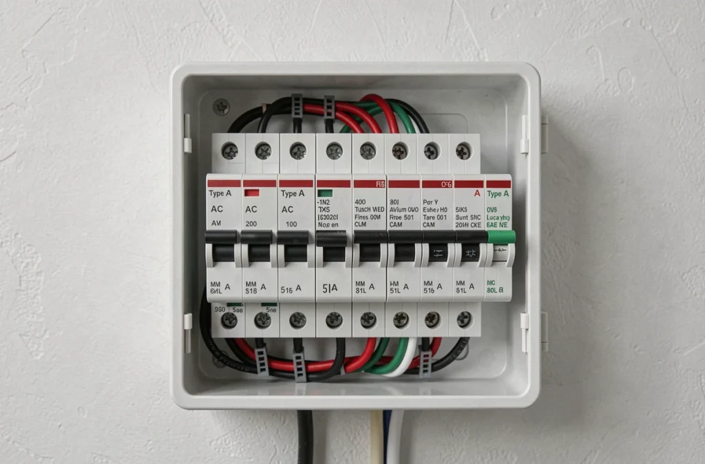 Gros plan sur un tableau électrique avec disjoncteurs type A et AC clairement étiquetés