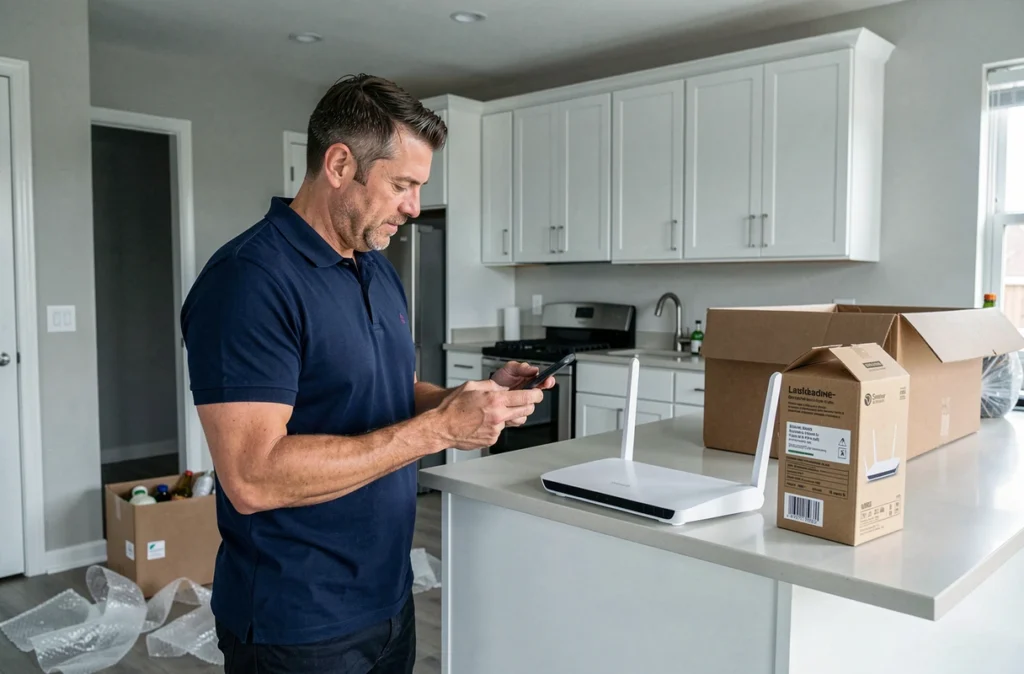 Homme debout dans une nouvelle cuisine tenant un smartphone à côté d'un routeur internet déballé lors d'un déménagement