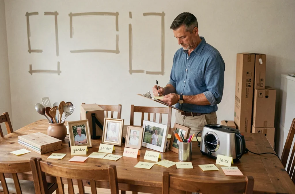 Homme organisant et étiquetant des objets du foyer sur une table avant un déménagement planifié