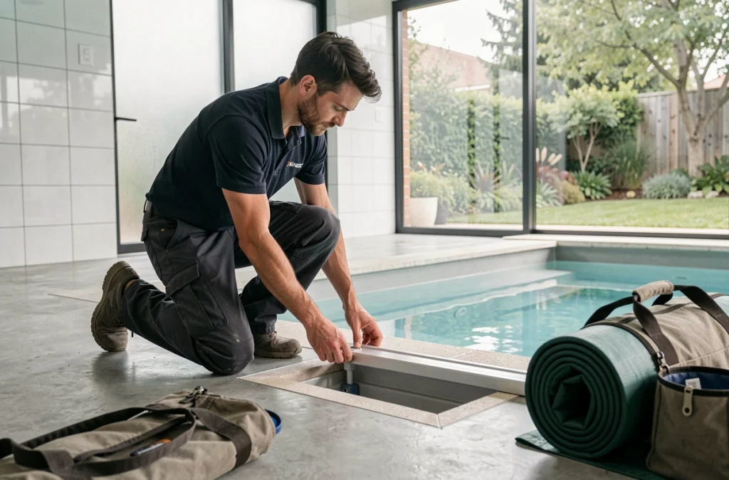 Technicien installant un volet de sécurité piscine encastré dans un espace intérieur contemporain