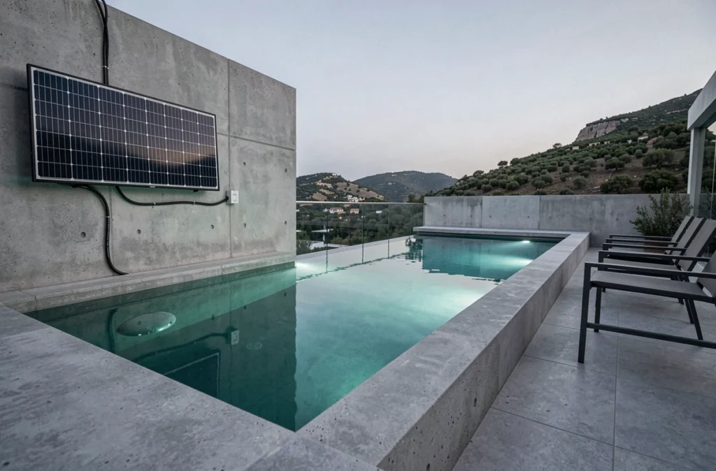 Piscine à débordement moderne équipée d'un système d'éclairage solaire avec panneau mural et bandeau LED sous-marin