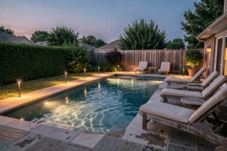 Piscine extérieure en soirée éclairée par des spots solaires LED le long du bord de la terrasse en pierre