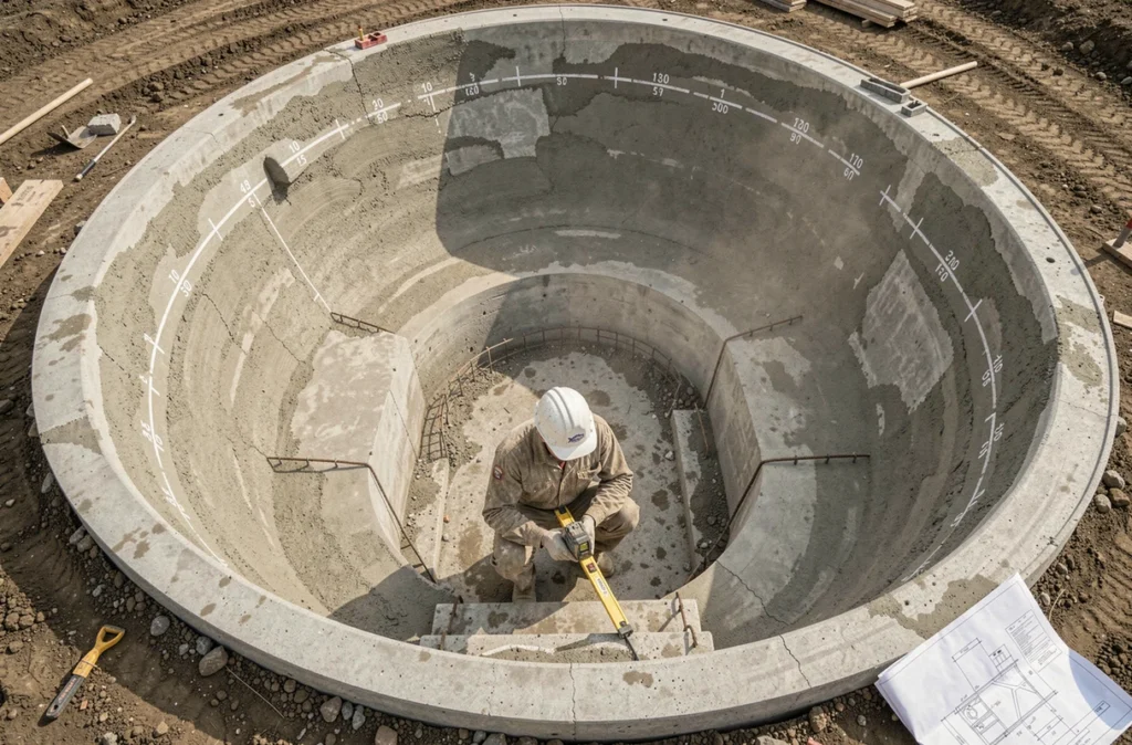 Vue aérienne d'une piscine ovale vide en construction avec mesures tracées sur les parois en béton