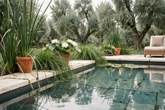 Plantes aquatiques papyrus et nénuphars disposés le long d'une piscine moderne en travertin