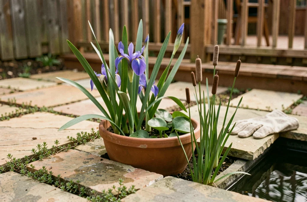 Pot de plantes aquatiques iris et jacinthe d'eau au coin d'un bassin en pierre naturelle