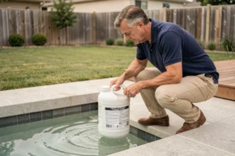 Homme vérifiant les produits chimiques avant la première mise en eau d'une piscine