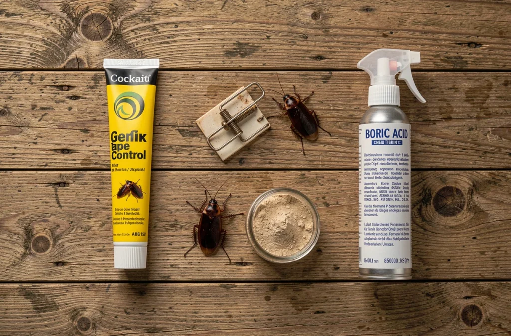 Vue aérienne de produits anti-cafards — gel, piège, poudre de borax et spray insecticide — disposés sur une table en bois