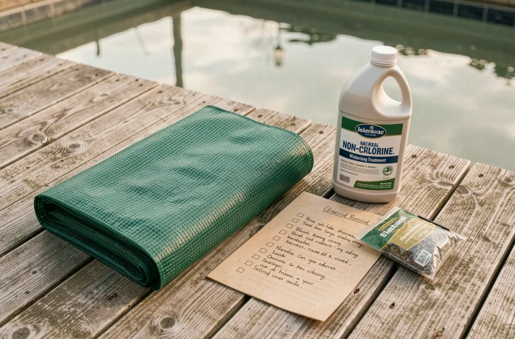 Produits écologiques pour l'hivernage d'une piscine disposés sur une terrasse en bois en automne