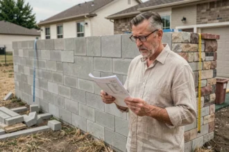 Propriétaire tenant des documents PLU devant une clôture en béton trop haute non conforme aux règles d'urbanisme