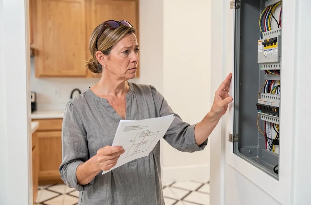 Propriétaire consultant un schéma électrique devant un tableau de disjoncteurs dans une cuisine moderne