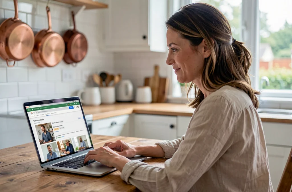 Femme recherchant un artisan de confiance en ligne sur une plateforme de mise en relation