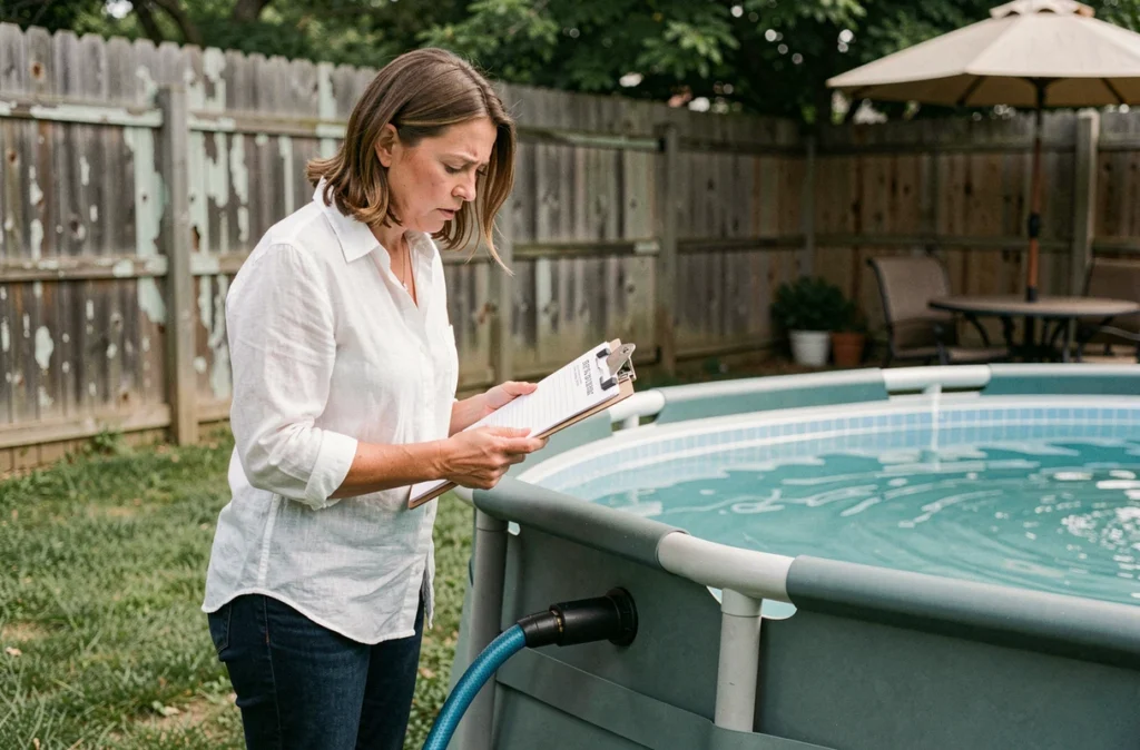 Femme surveillant le remplissage d'une piscine hors-sol lors de la première mise en eau
