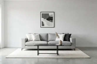 Salon minimaliste contemporain en gris et blanc avec canapé en lin, table basse noire et décoration épurée