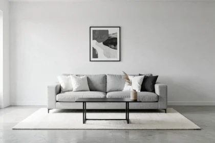 Salon minimaliste contemporain en gris et blanc avec canapé en lin, table basse noire et décoration épurée